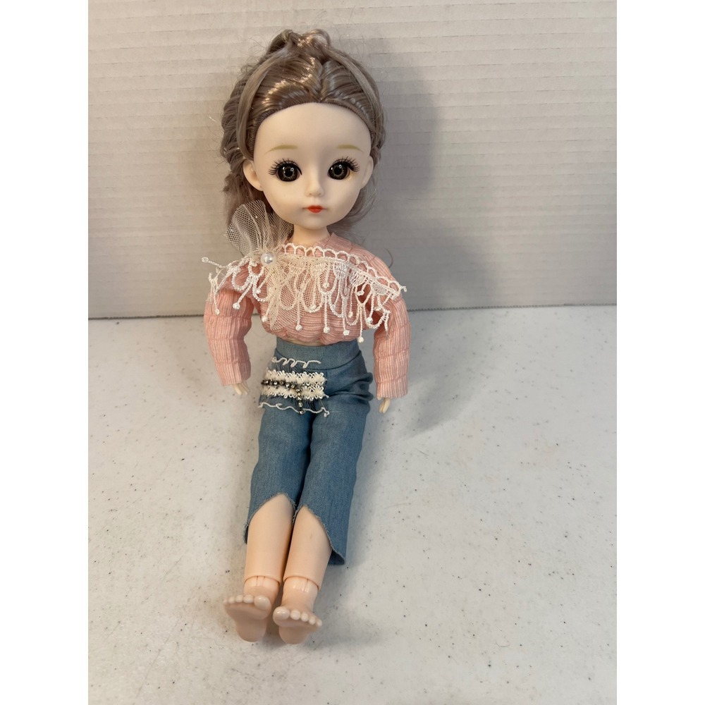 Articulated Fashion Doll 12 inch Pink Lace Top Denim Pants Keychain Accessory